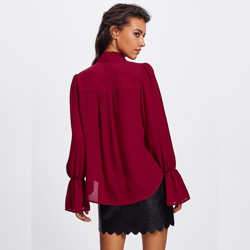 Bell Sleeve Pussy Bow Chiffon Button Front Blouse - Picture 2 of 5